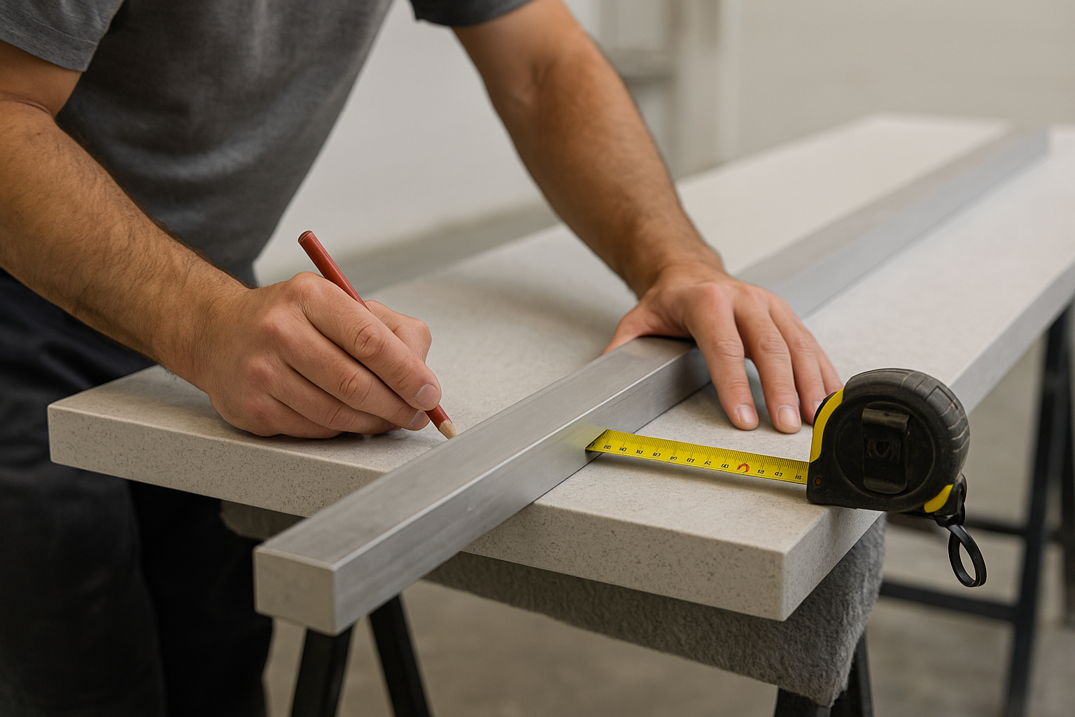 Stone mason measuring and marking an engineered stone slab in a workshop