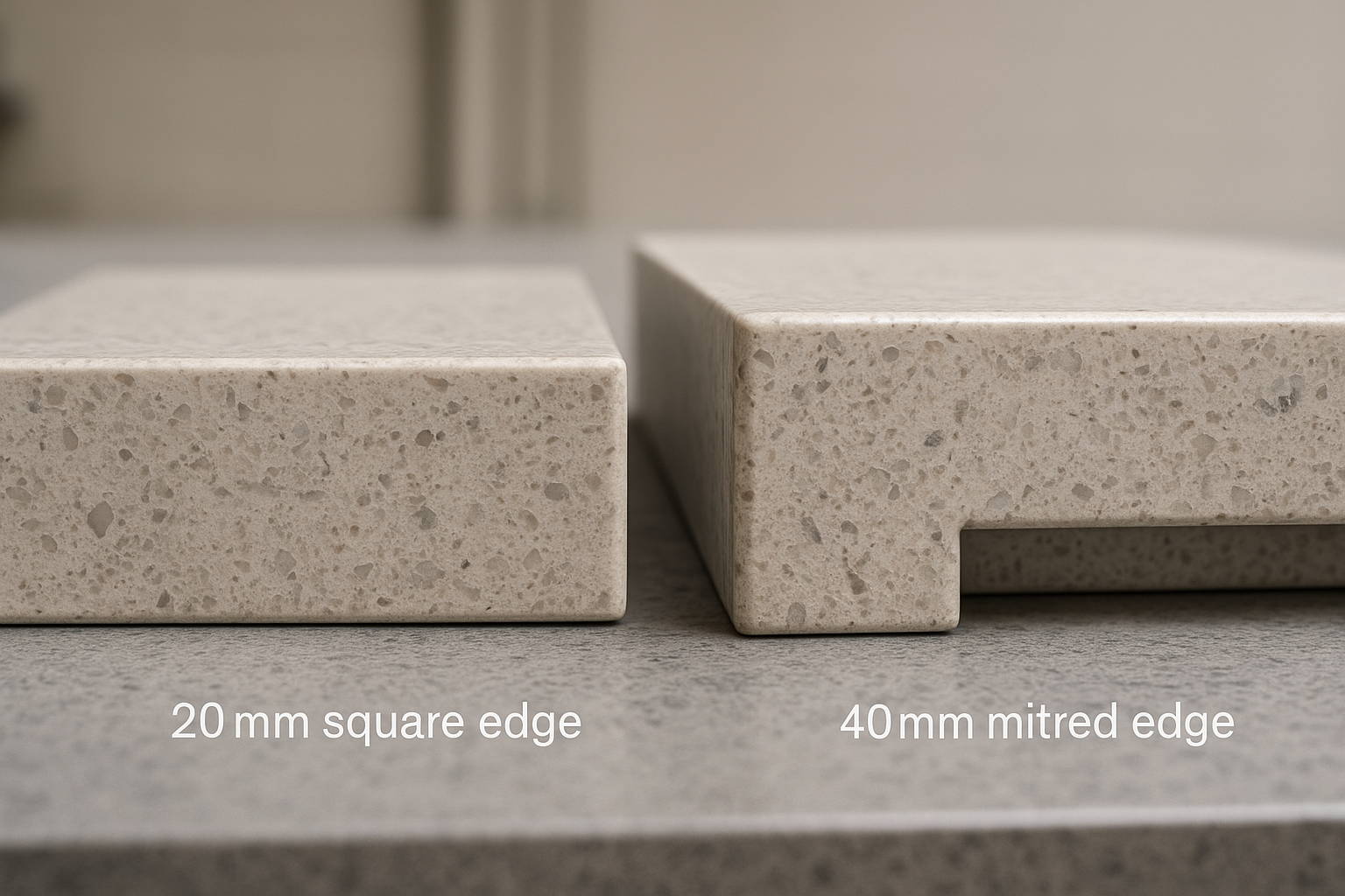 Close-up comparison of 20mm square edge and 40mm mitred edge on an engineered stone benchtop