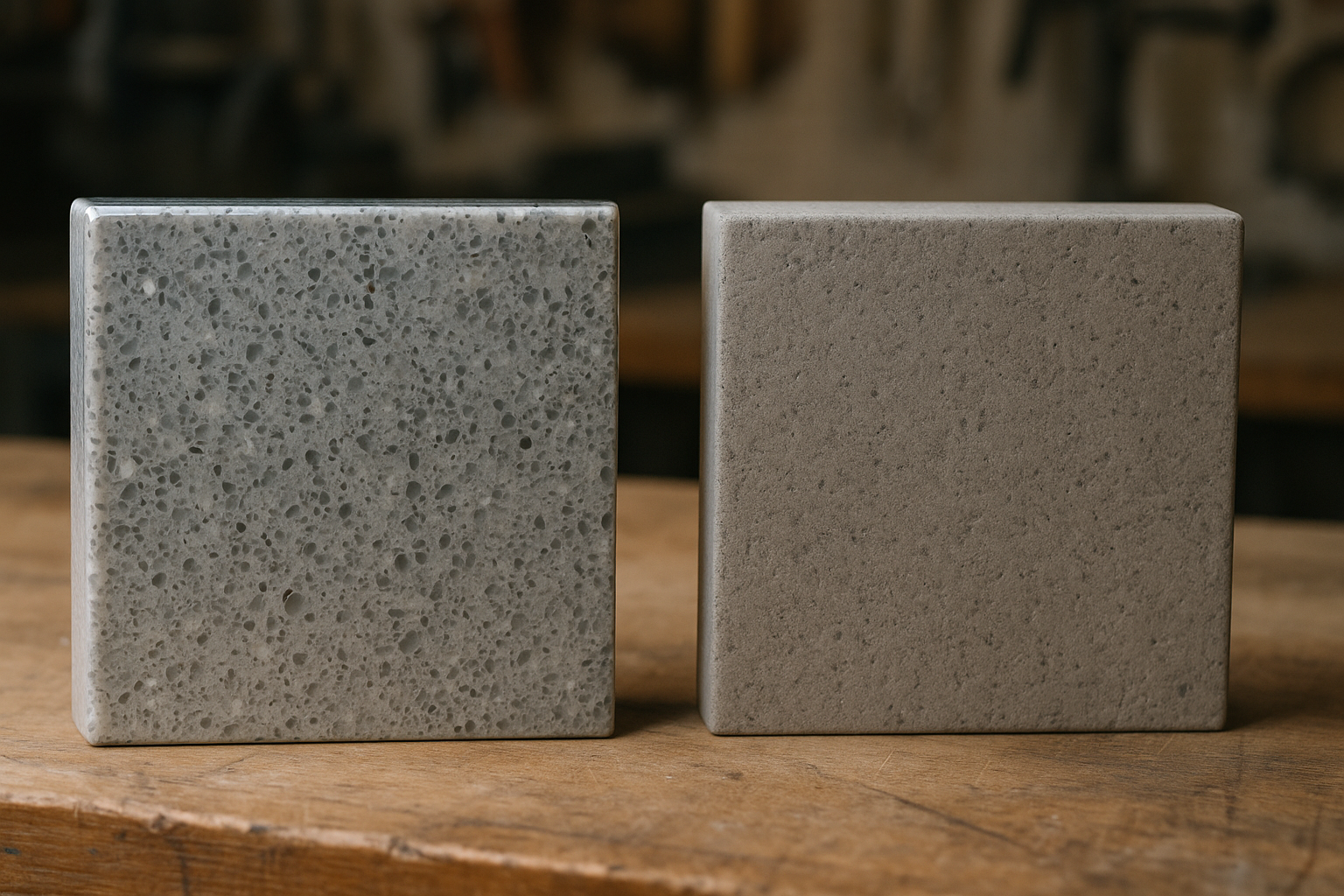 Close-up of polished and concrete matte quartz finish samples