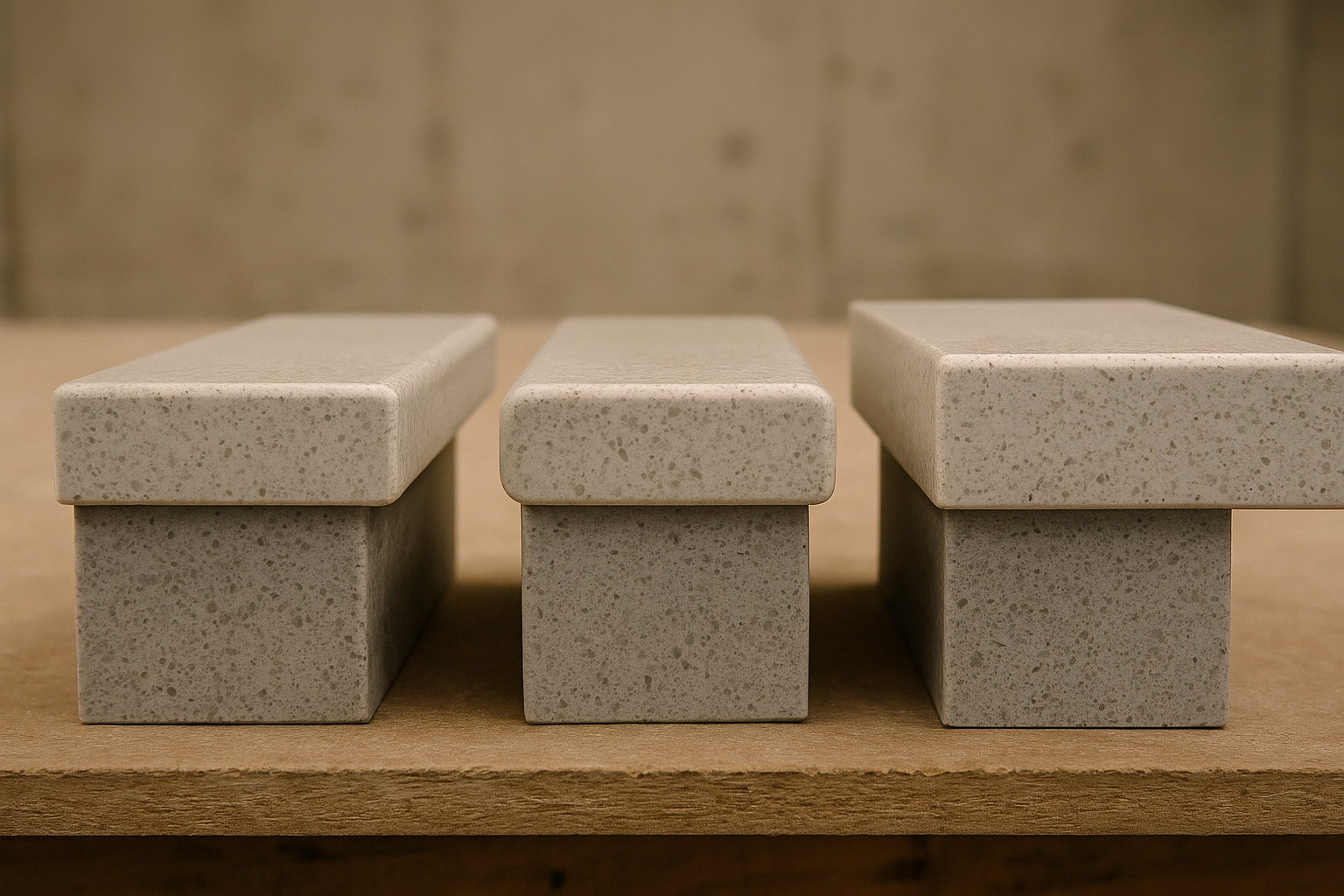 Close-up of common stone benchtop edge profile options on sample pieces