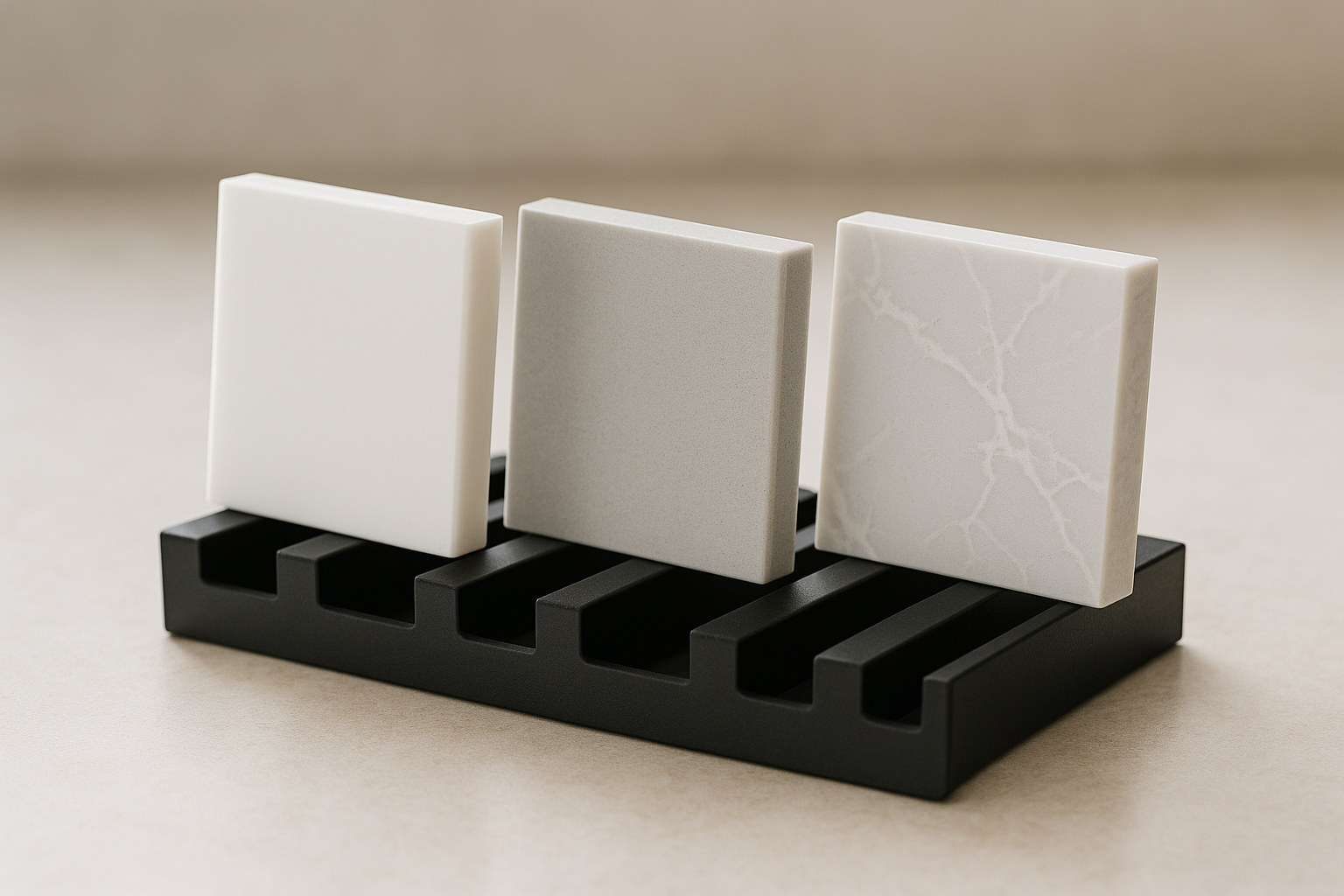 Quartz slab samples showing different white tones and finishes