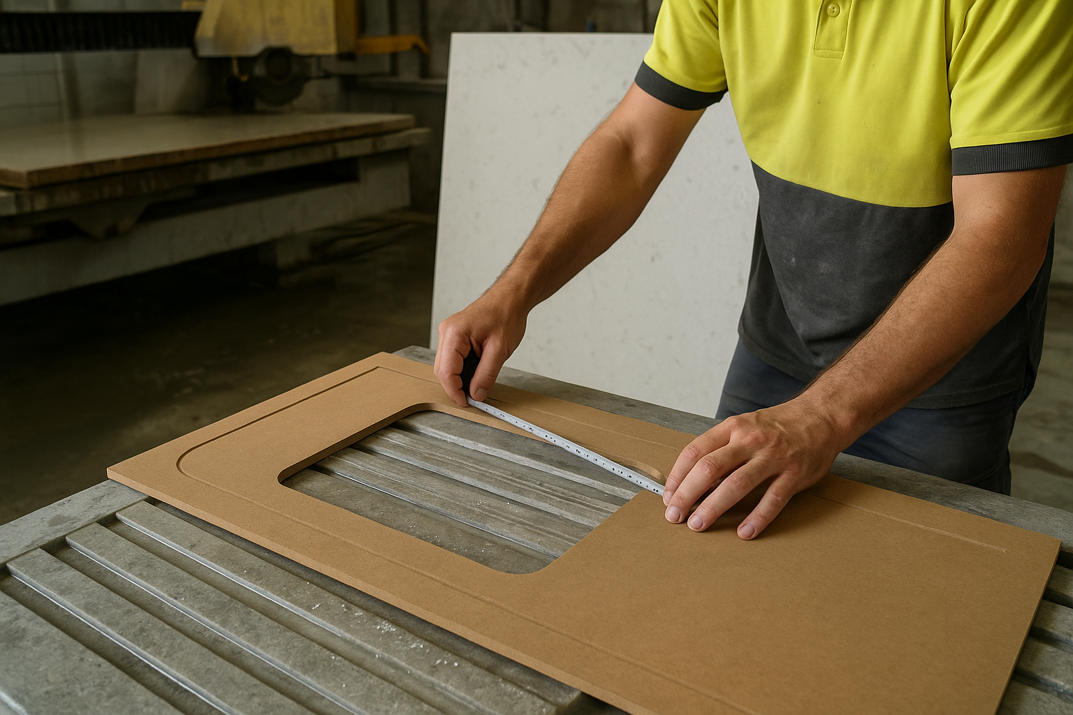 Stone fabrication process showing measurement before cutting an engineered stone benchtop