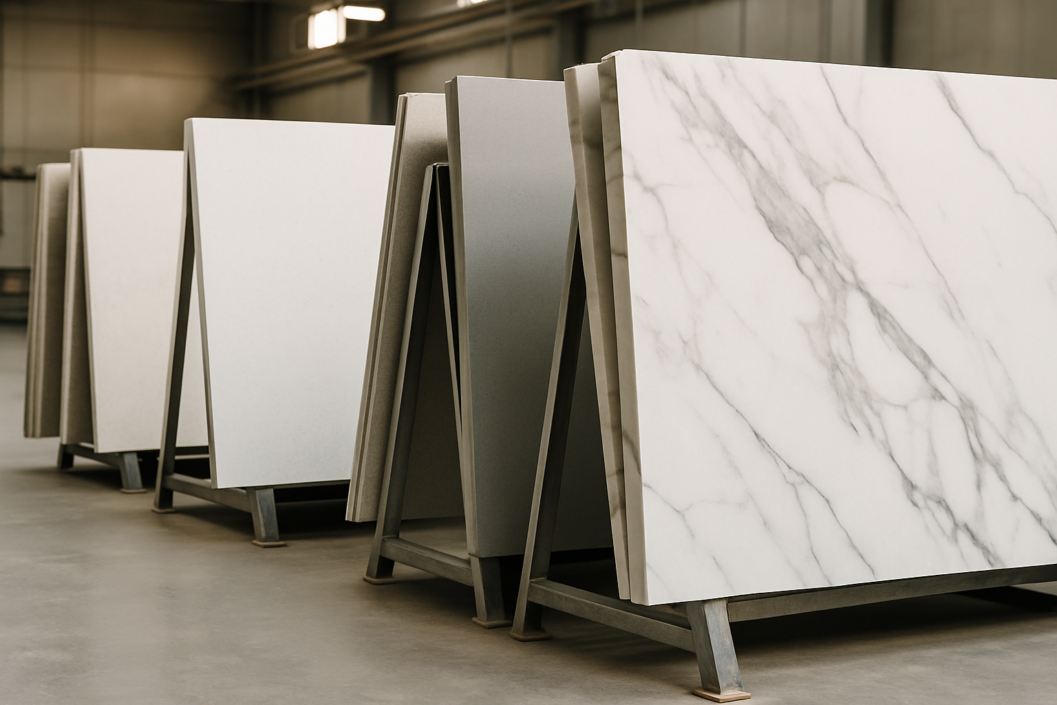 Engineered stone slabs on display ready for selection