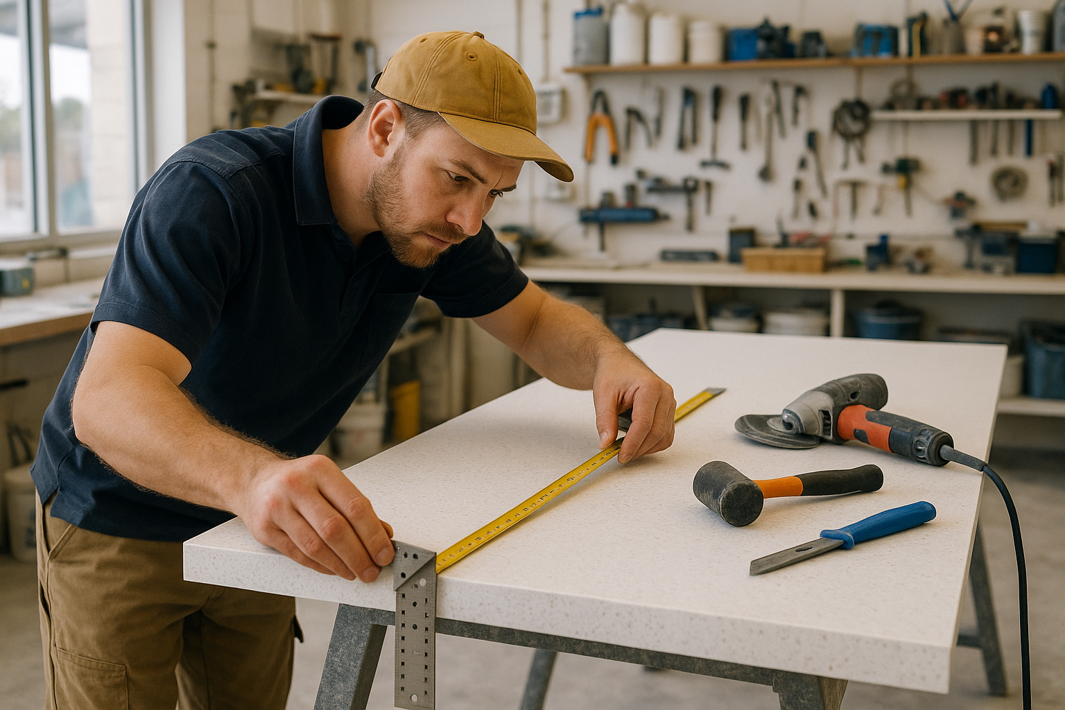 Stone mason fitting engineered stone benchtop in workshop