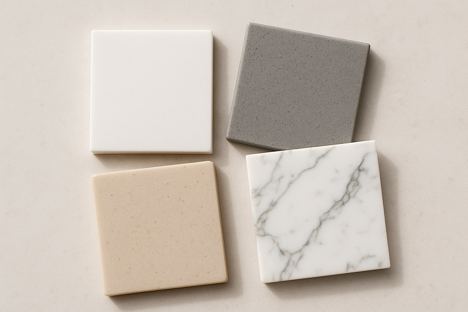 Engineered stone colour samples in white, grey, beige and marble-look veining