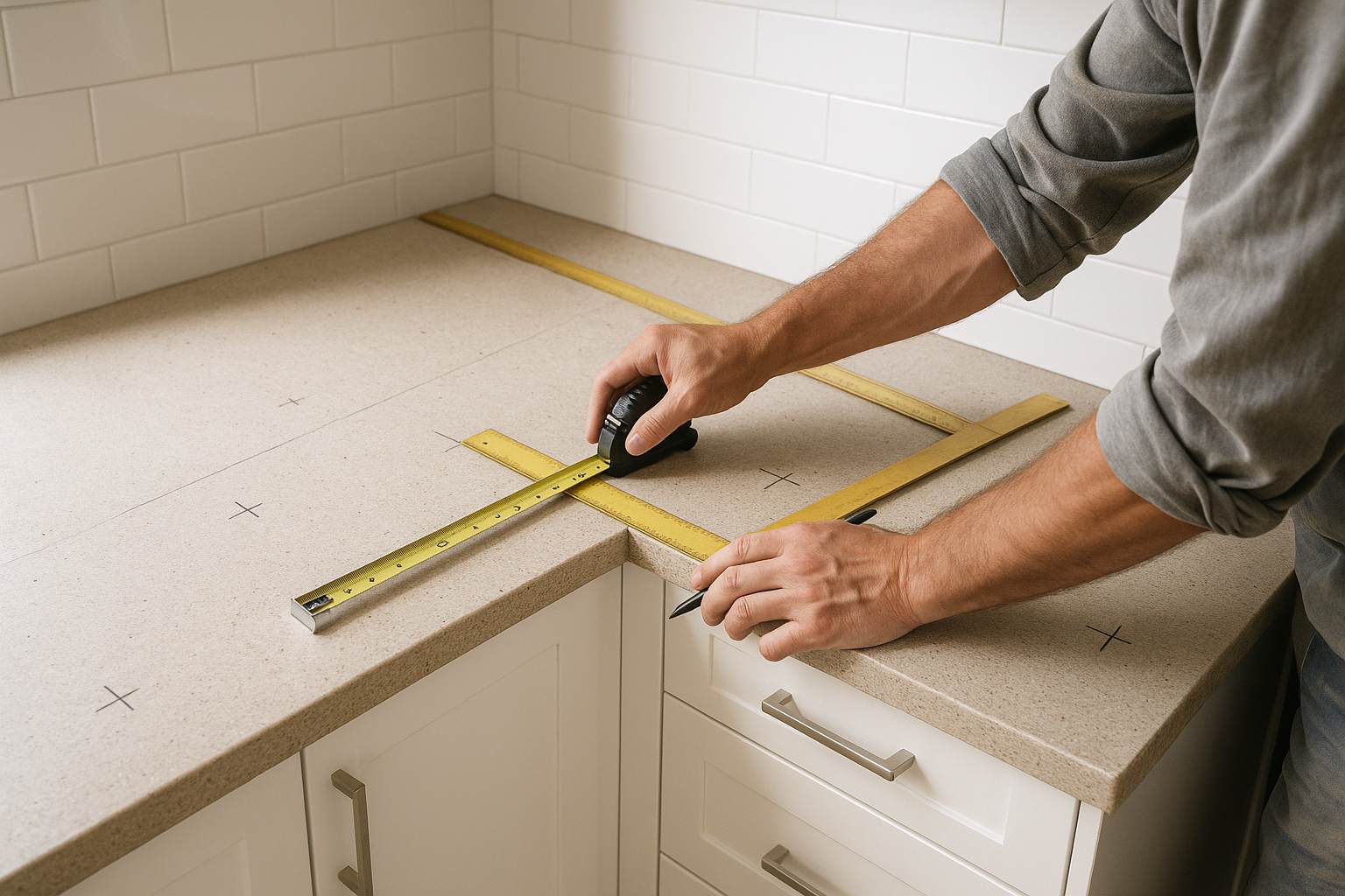 Benchtop templating and measuring before stone fabrication