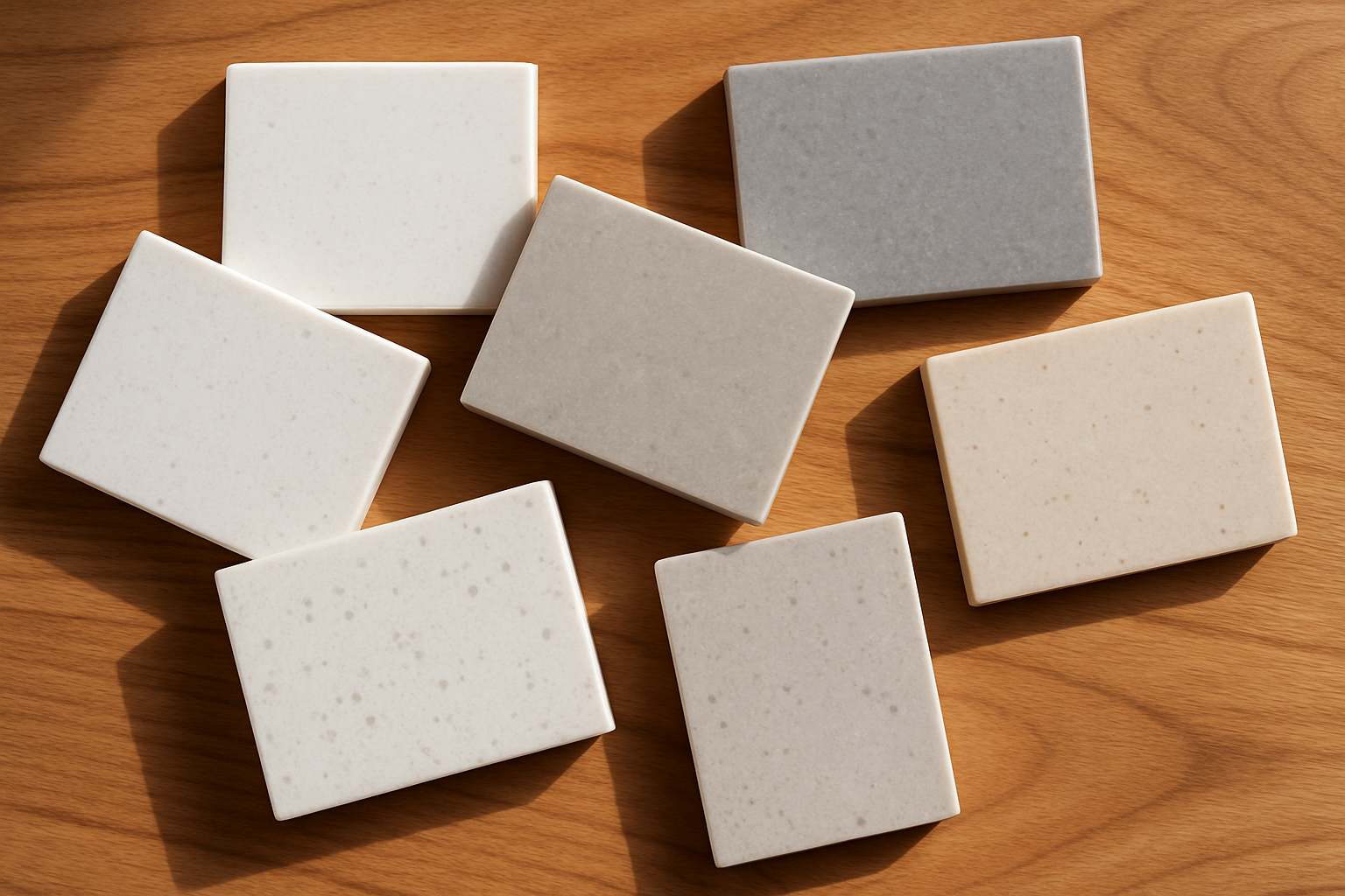 Engineered stone colour samples laid out on a timber table