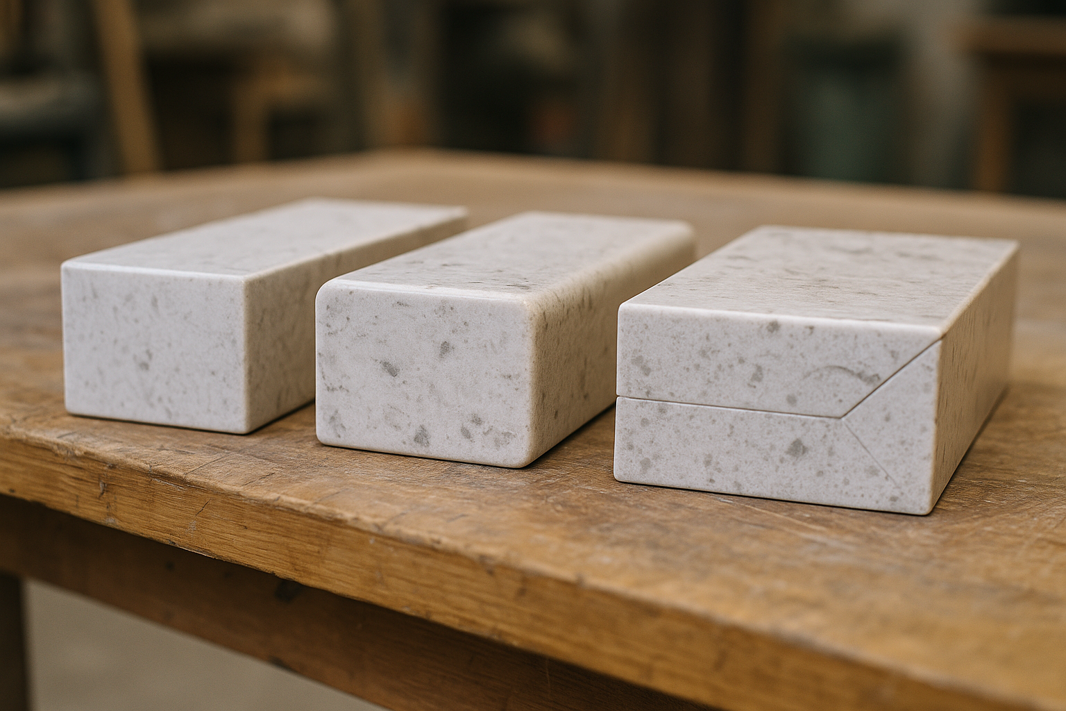 Stone benchtop edge profile samples including 40mm mitred build-up