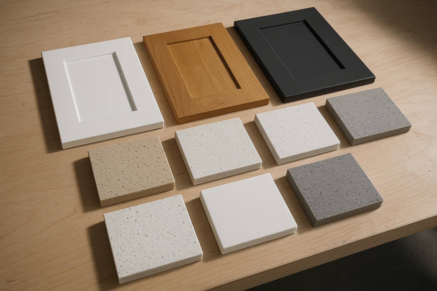 Engineered stone colour samples beside cabinet door samples in natural light