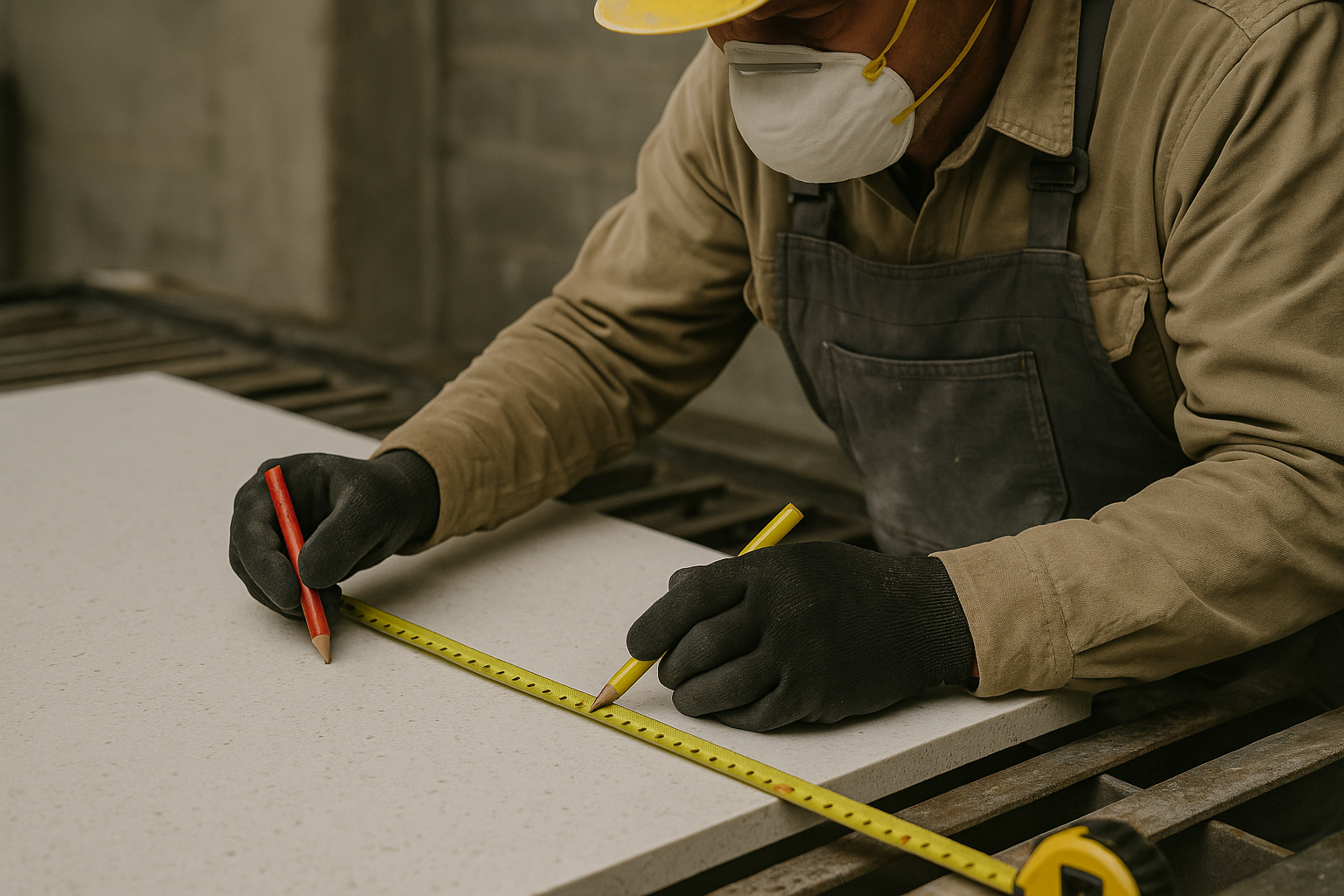 Stone fabricator measuring an engineered stone slab before cutting