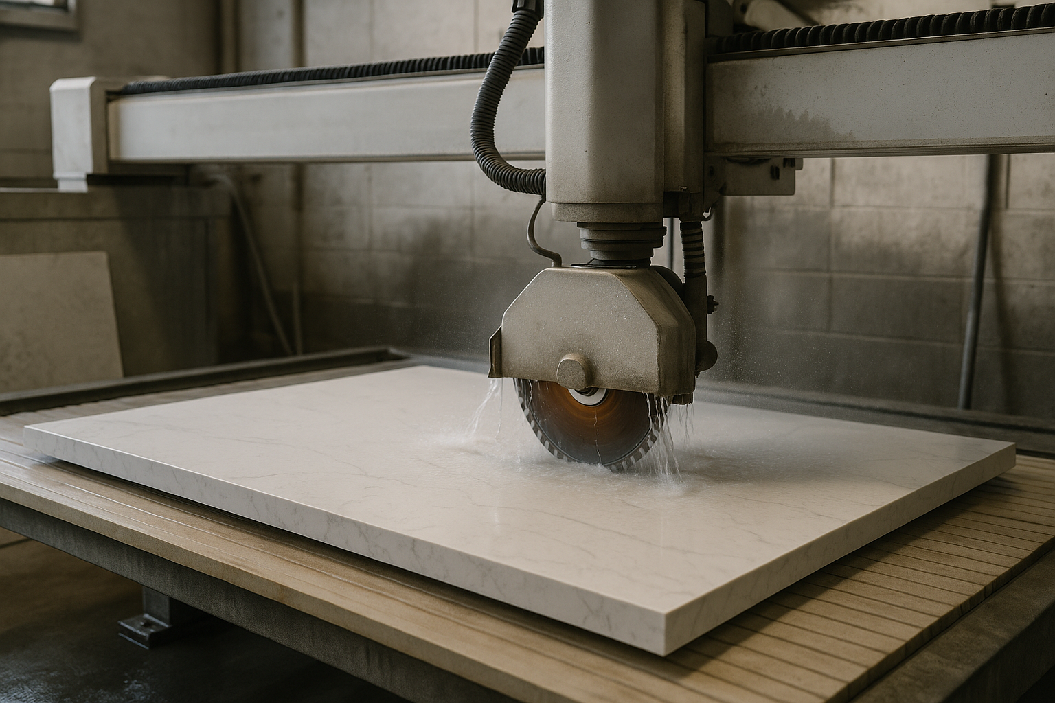 Engineered stone slab being cut in a stone masonry workshop