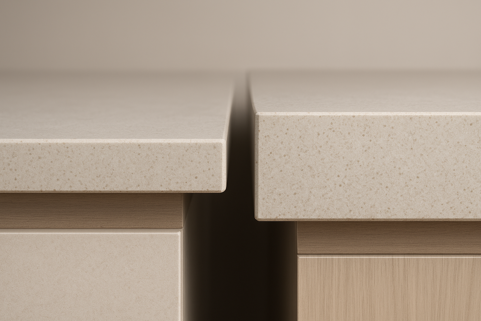 Comparison of 20mm and 40mm engineered stone benchtop edge profiles