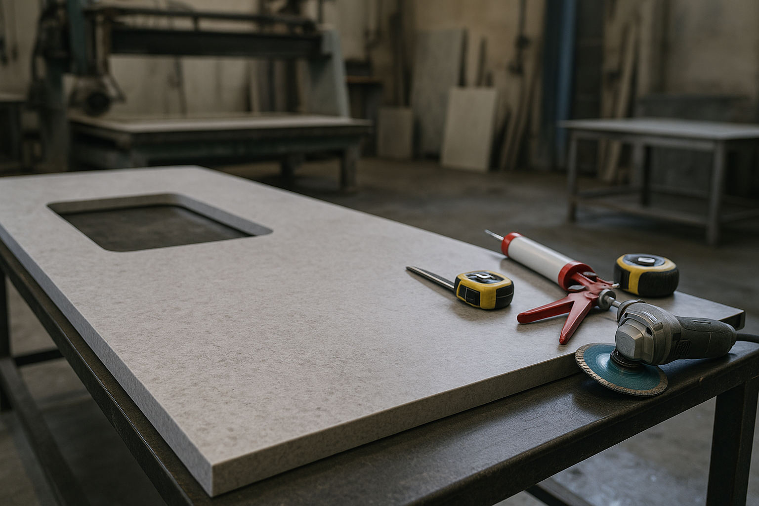Stone benchtop slab being prepared in a workshop for cutting and edging