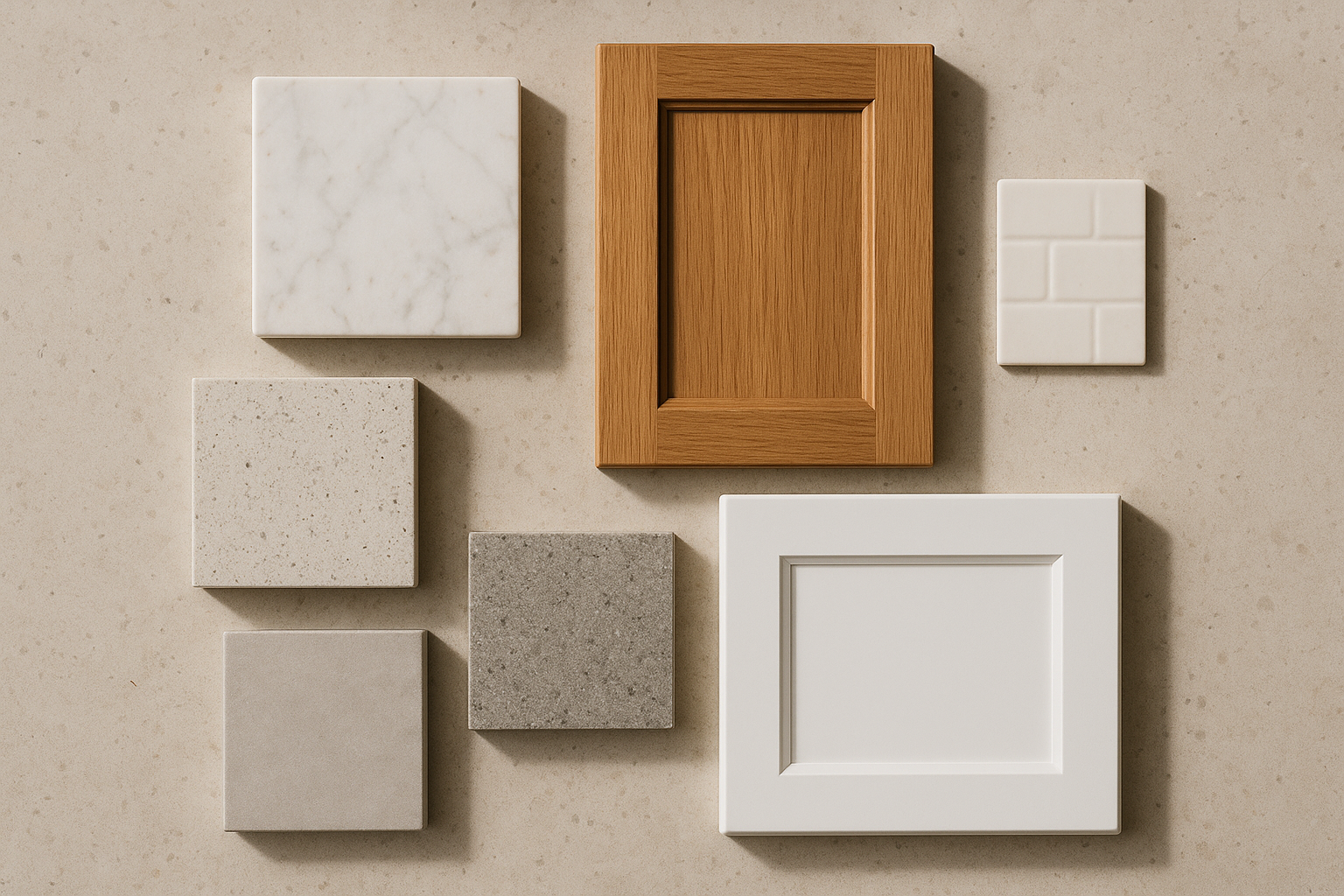 Stone and cabinet colour samples laid out for benchtop selection