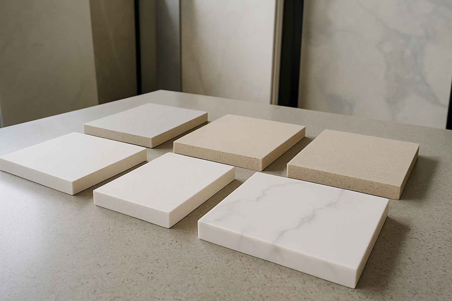 Engineered stone sample slabs in a range of neutral colours and veining styles