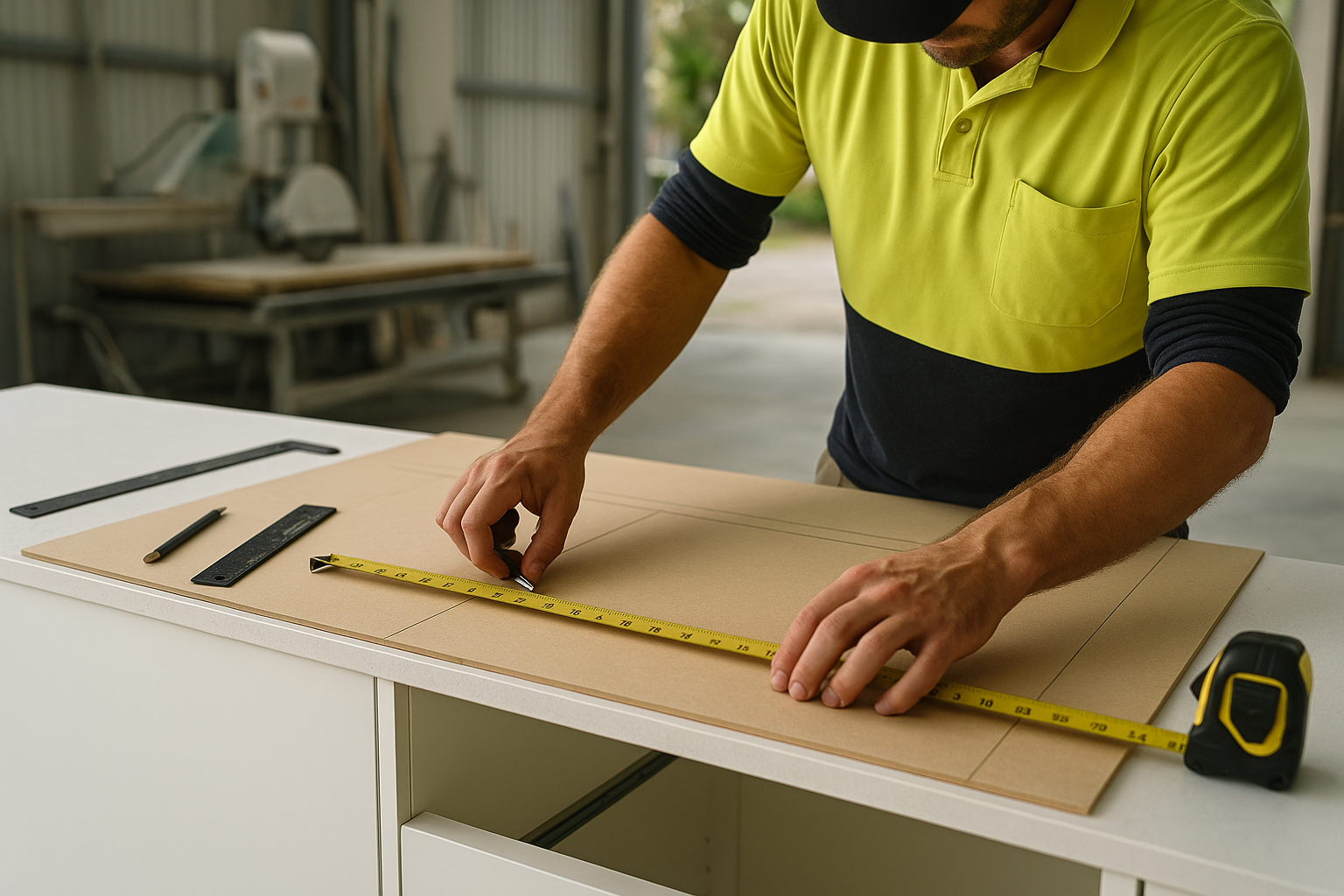 Stone benchtop templating and measuring process before fabrication and installation