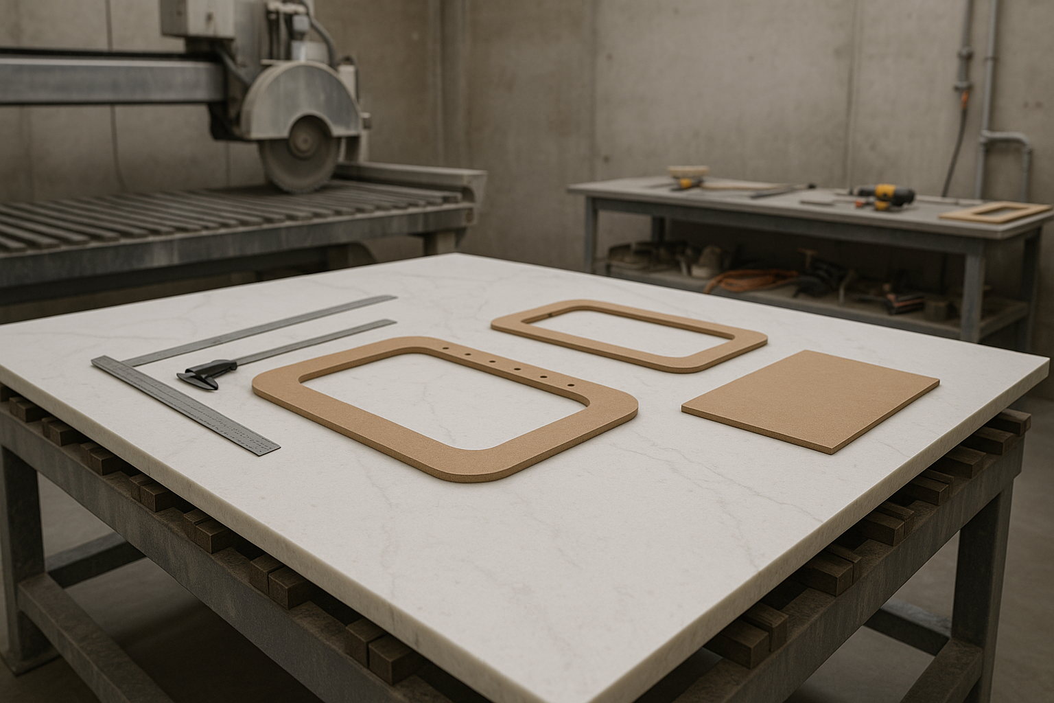 Quartz slab in a workshop being measured for sink and cooktop cut-outs