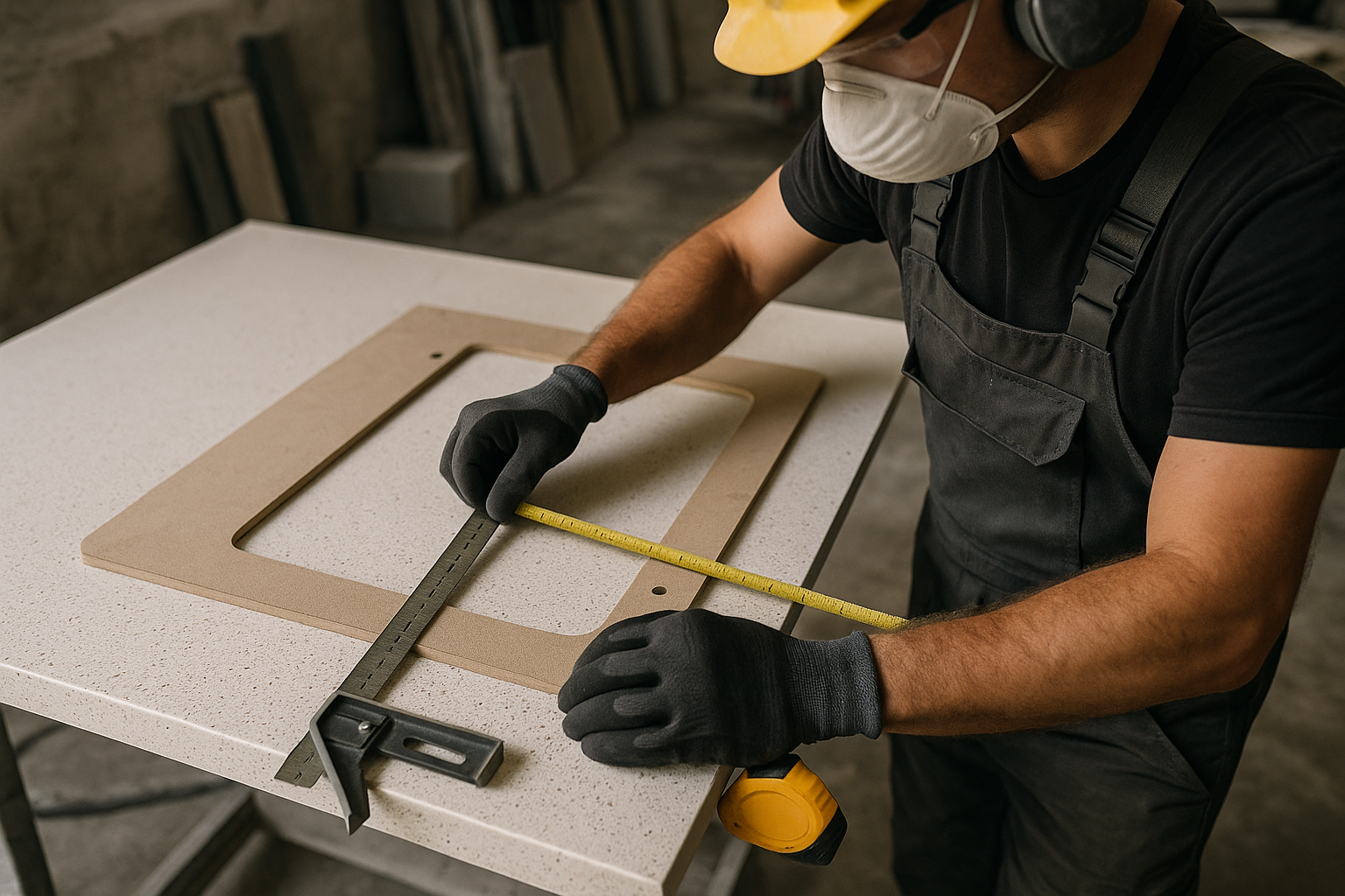 Stone mason measuring a benchtop cut-out on an engineered stone slab