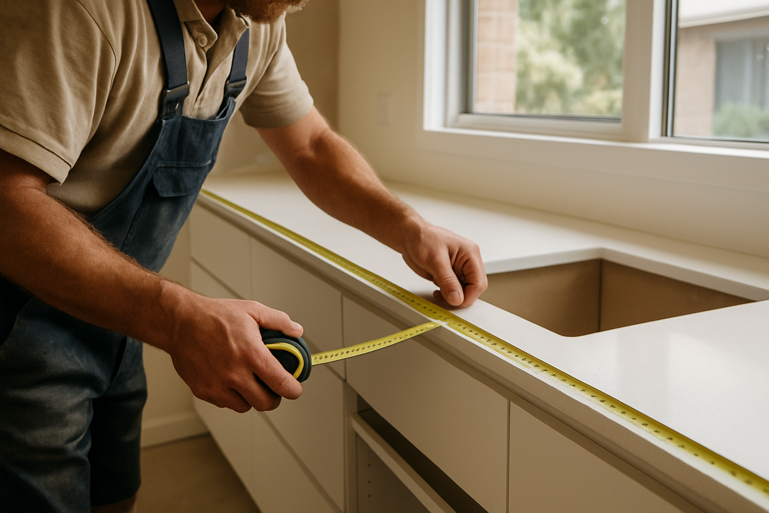 Benchtop templating and measuring of kitchen cabinetry before stone cutting