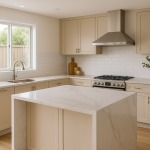 Light Carrara-style engineered stone island benchtop with soft grey veining