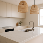 Carrara-style Smartstone benchtop on a kitchen island with a 40mm mitred edge