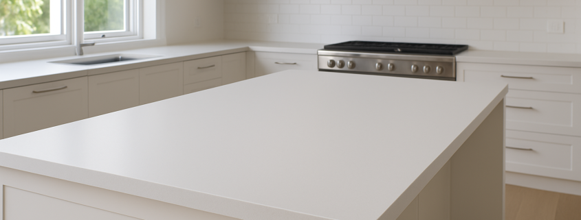 Alpine White Quantum Quartz benchtop installed in a modern kitchen