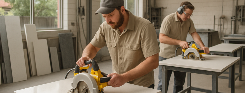 Stone masons cutting Smartstone benchtops in a workshop, Brisbane