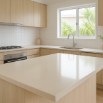 Modern kitchen with Buttermilk Caesar Stone bench top installed