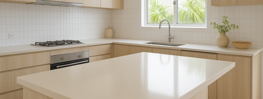 Modern kitchen with Buttermilk Caesar Stone bench top installed