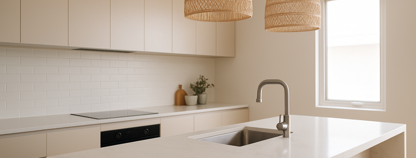 Carrara-style Smartstone benchtop on a kitchen island with a 40mm mitred edge