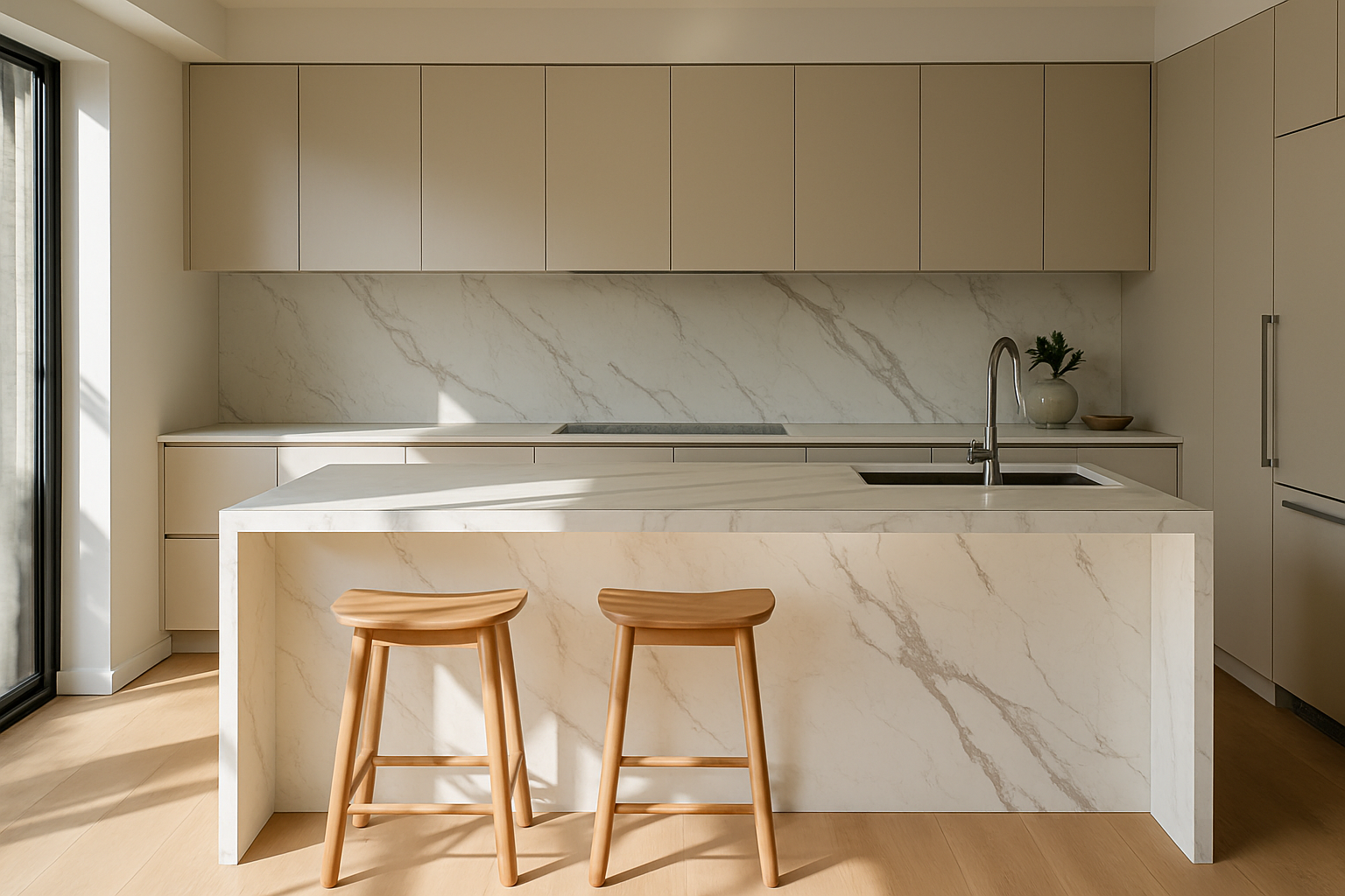 Bright kitchen with Calacatta Borghini Smartstone benchtops