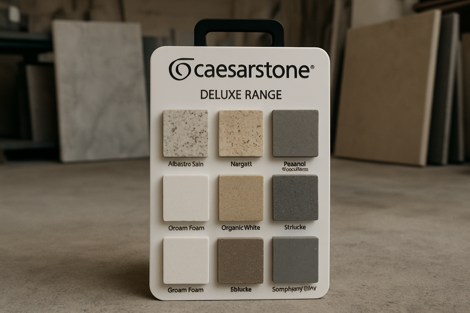 Caesar Stone benchtop colour samples at workshop