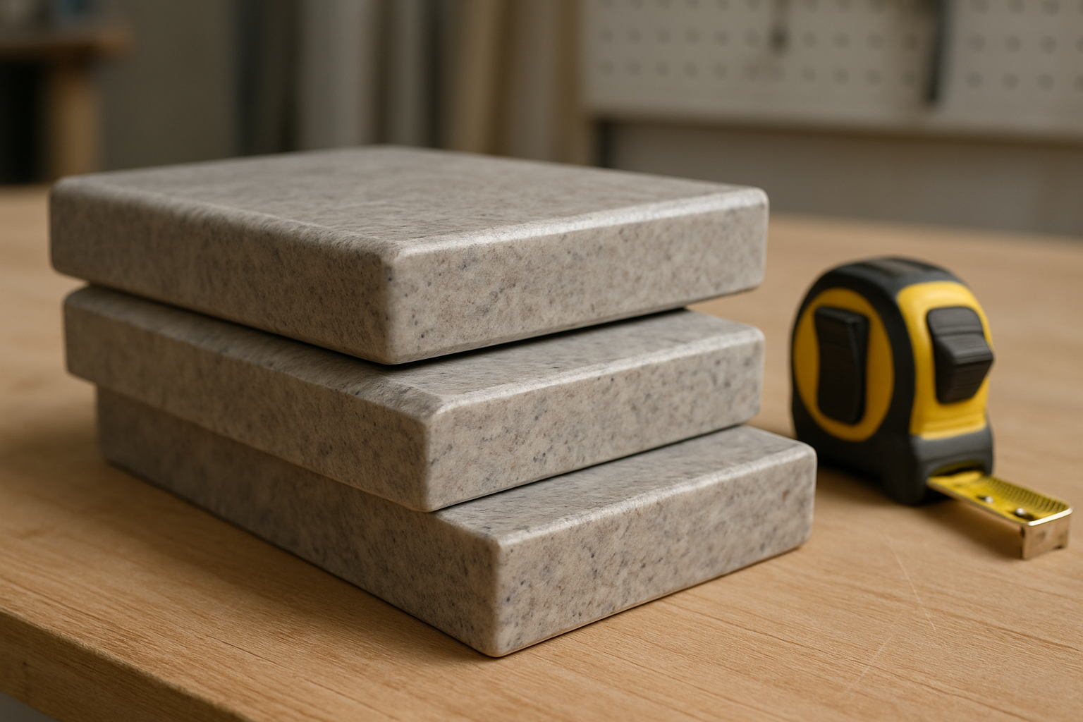 Close-up of stone benchtop edge profile options including a mitred 40mm-look edge