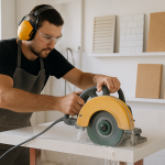 Stonemason cutting engineered stone benchtop in workshop