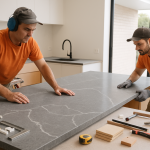 Stone masons installing YDL Shadow Grey bench top in Gold Coast kitchen