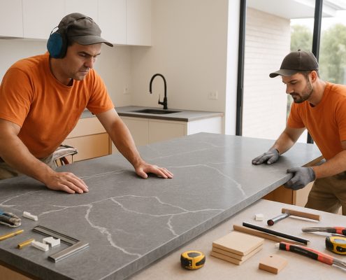 Stone masons installing YDL Shadow Grey bench top in Gold Coast kitchen