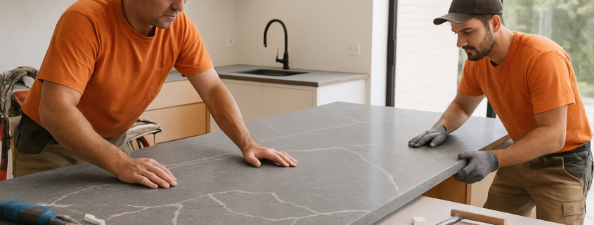 Stone masons installing YDL Shadow Grey bench top in Gold Coast kitchen