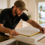 Stone mason installing Caesarstone benchtop in Gold Coast kitchen