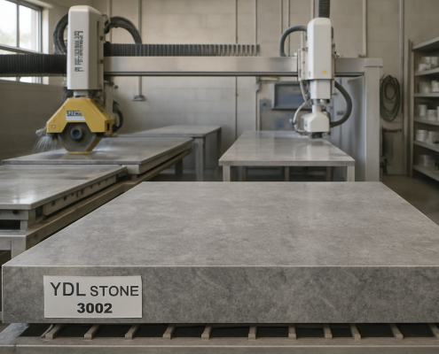 Close-up of YDL 3002 stone surface being precisely cut in a professional Gold Coast stone workshop
