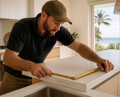 Stone mason installing Caesarstone benchtop in Gold Coast kitchen