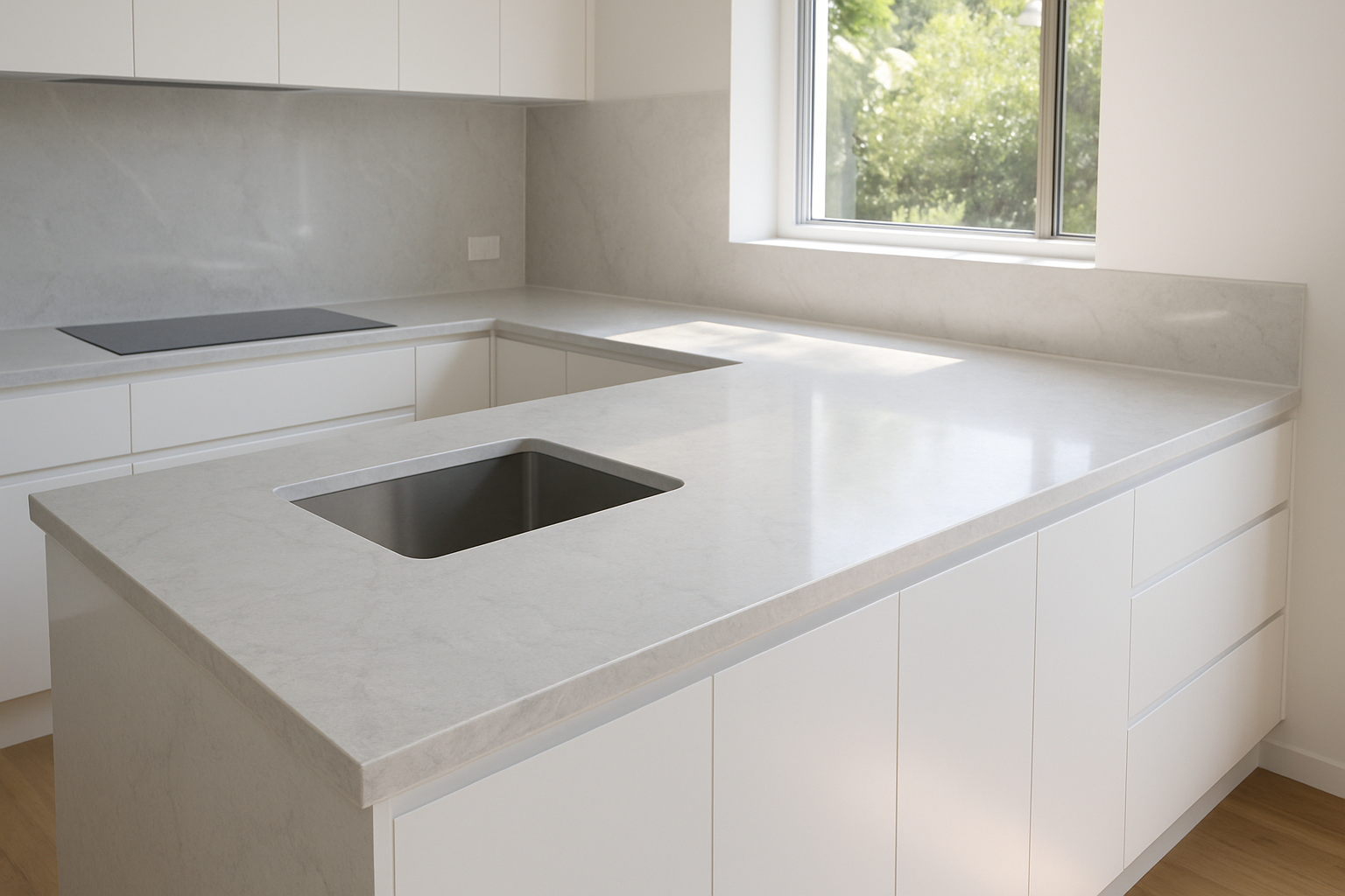 Modern kitchen featuring YDL 3002 stone benchtop with cloudy grey pattern on the Gold Coast